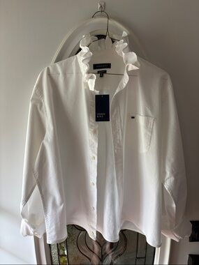 Trendy Ruffle Collar white Button-Down Shirt - up-cycled from Men’s Wear